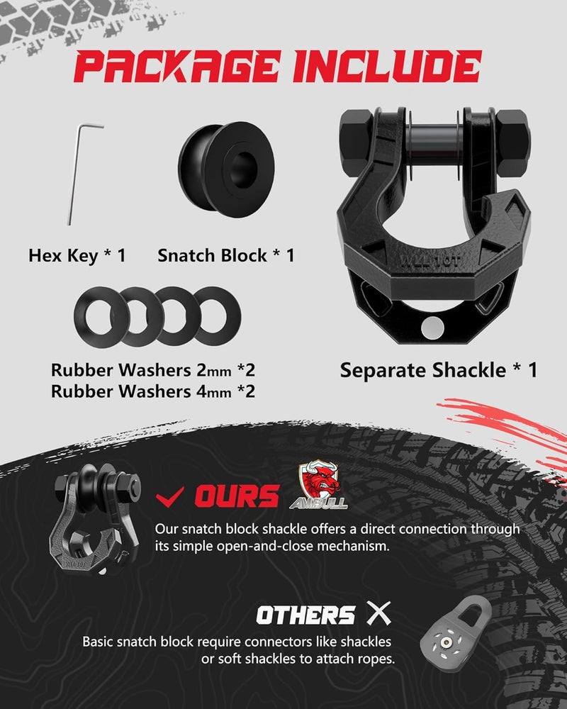 AMBULL D Ring Separate Shackle with Snatch Block, 3/4" Easy Open Shackles w/Snatch Block Pulley, Heavy Duty Shackle for Towing Winch, Pulley for Off-Road Vehicle Recovery, Truck, ATV, UTV, BlackBlack - Image 2